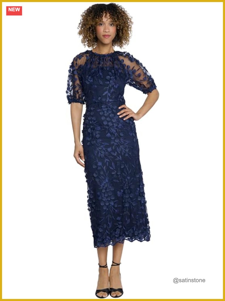 Illusion Neck Elbow Sleeve Midi Dress With Scallop Hem